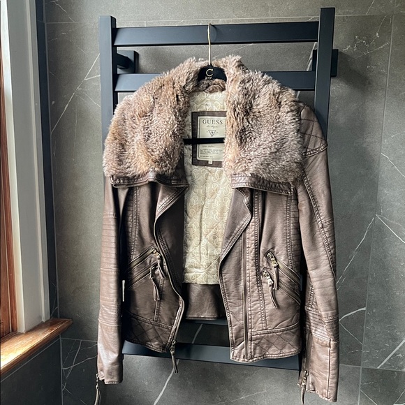 Guess Dark Brown Leather Jacket with Faux Fur Collar - Picture 1 of 3